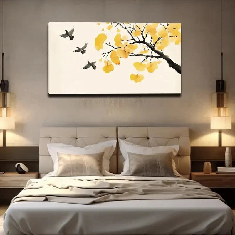 Ginkgo Branches & Flying Birds Wall Art Canvas Office Home Room Framed 120x60cm - Bella Home Decor