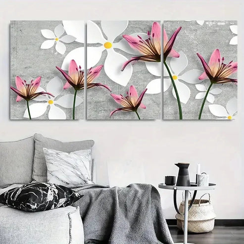 3pcs Pink Lily & White Floral Abstract Wall Art Canvas Unframed - High Quality Print 100% Australian Made Wall Canvas