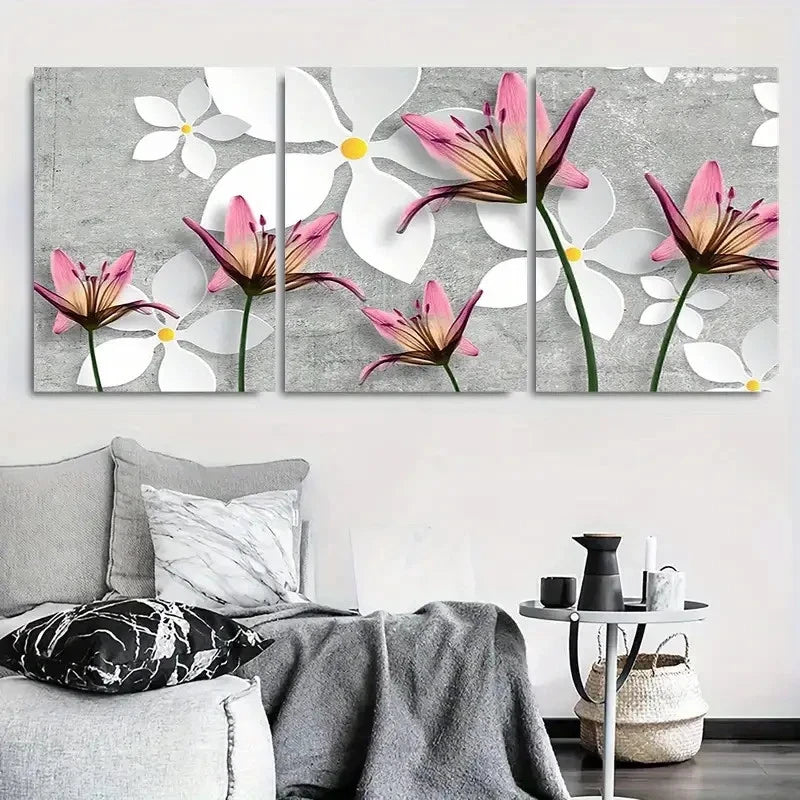 3pcs Pink Lily & White Floral Abstract Wall Art Set Canvas Framed 40x60cm - High Quality Print 100% Australian Made Wall Canvas Ready to Hang