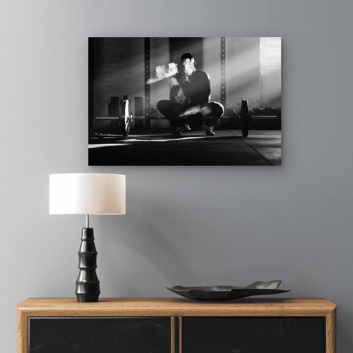 Black and White Gym Weightlifitng 5mm thick Plastic Poster Ready to Hang 90x60cm