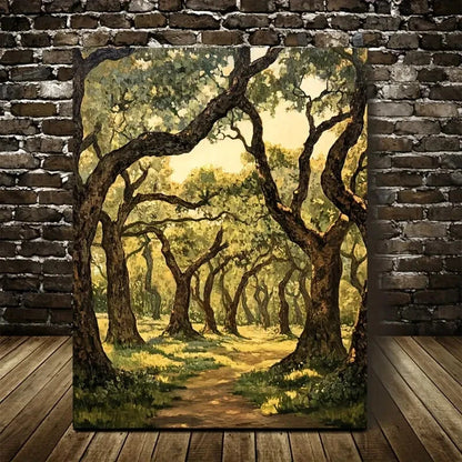 Flourishing Oak Forest Scene with Sunlit Trees & Lush 40x60cm Metal Print Ready to Hang - Bella Home Decor