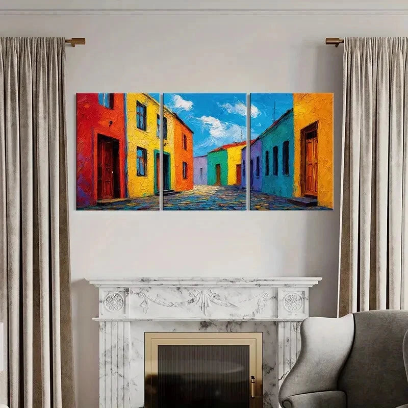 3pcs Vibrant Street Scene Colorful Houses Metal Print Ready to Hang Art - Bella Home Decor
