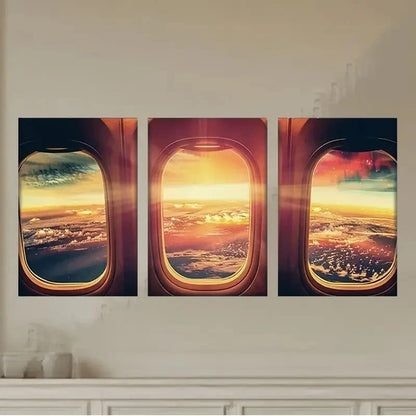 3pcs Aviation-Themed Triptych with Sunset Metal Print Ready to Hang Art - Bella Home Decor
