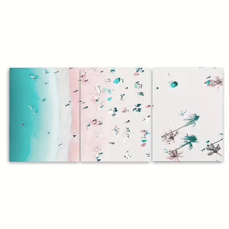 3pcs Serene Coastal Scenes with Pastel Pink & Blue Metal Print Ready to Hang Art