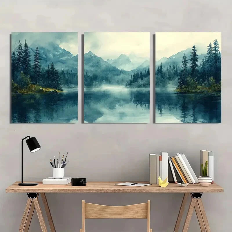 3pcs Mountain Lake Landscape Watercolor Painting Metal Print Ready to Hang Art - Bella Home Decor