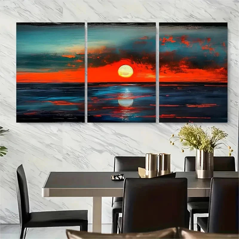 3pcs Bold Teal & Orange Seascape Metal Print Ready to Hang Art - Bella Home Decor