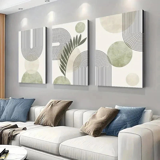 3pcs Abstract Sage Green Geometric Line Wall Art Set Canvas Framed 60x90cm - High Quality Print 100% Australian Made Wall Canvas Ready to Hang