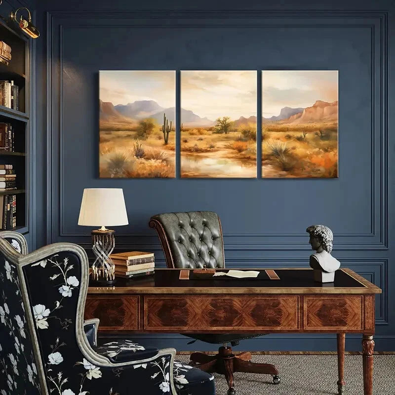 3pcs Desert Landscape Cactus Plant Mountain Range Metal Print Ready to Hang Art - Bella Home Decor