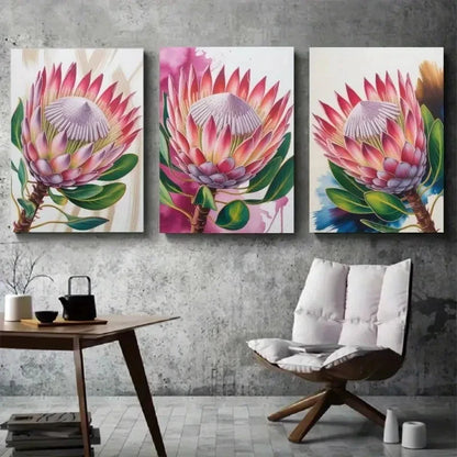 3pcs Protea Flower Green Leaves Painting Metal Print Ready to Hang Art