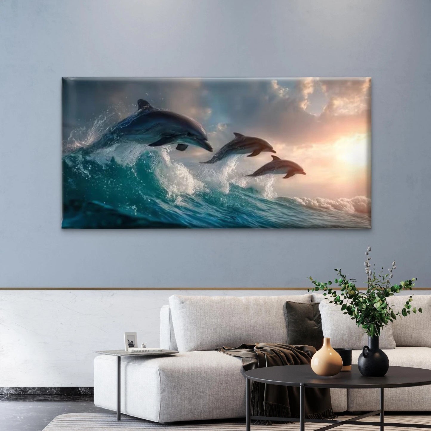 Dolphin Trio Leaping Dolphins Ocean Wall Art Canvas Office Home Room Framed 120x60cm - Bella Home Decor