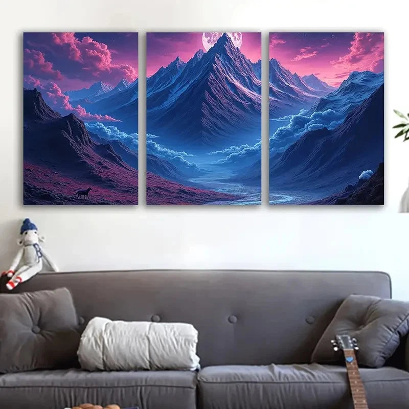 3pcs Moonlit Mountain with Wolves Scene Wall Art Set Canvas Framed 60x90cm - High Quality Print 100% Australian Made Wall Canvas Ready to Hang