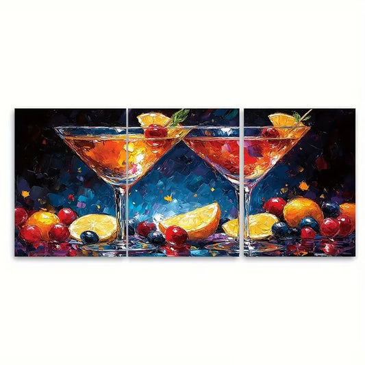 3pcs Martini Glass Cocktail Metal Print Ready to Hang Art