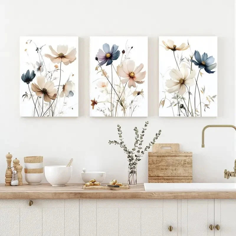 3pcs Watercolor Neutral Sober Botanical Flowers Metal Print Ready to Hang Art