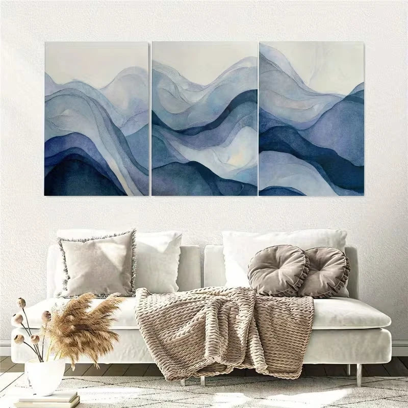 3pcs Navy Blue Abstract Painting Wall Art Set Canvas Framed 50x70cm – High Quality Print 100% Australian Made Wall Canvas Ready to Hang