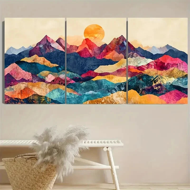 3pcs Vibrant Mountain Sunset Illustration Metal Print Ready to Hang Art