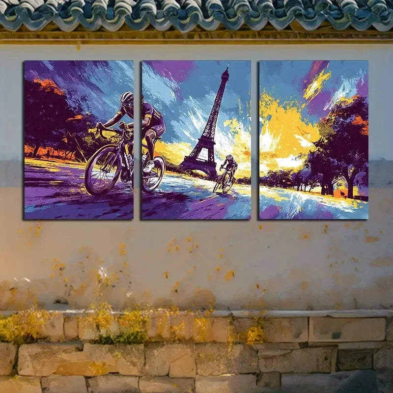 3pcs Cycling and Eiffel Tower Themed Metal Print Ready to Hang Art - Bella Home Decor