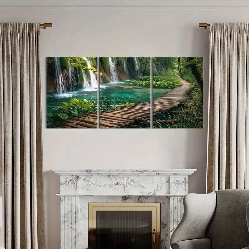 3pcs Waterfall Pond Wooden Pathway Metal Print Ready to Hang Art - Bella Home Decor