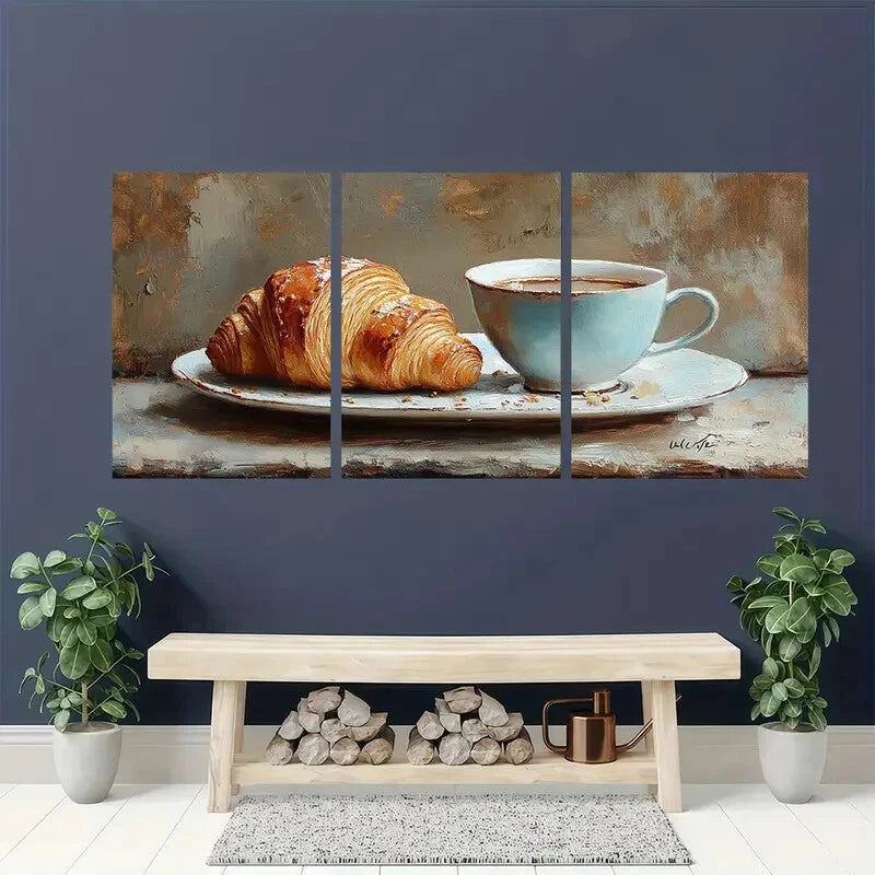 3pcs Still Life Croissant & Coffee Print Metal Print Ready to Hang Art