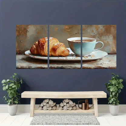 3pcs Still Life Croissant & Coffee Print Metal Print Ready to Hang Art