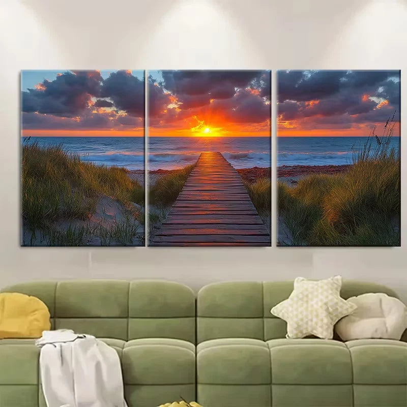 3pcs Long Wooden Path to Sunset Beach Metal Print Ready to Hang Art