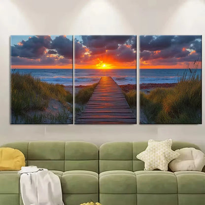 3pcs Long Wooden Path to Sunset Beach Metal Print Ready to Hang Art
