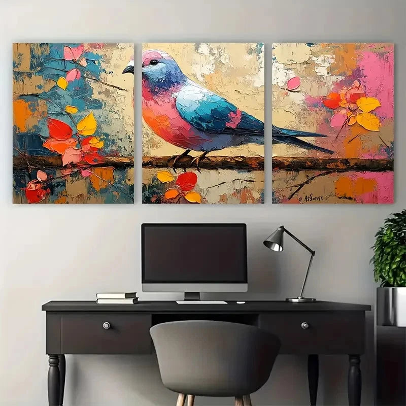3pcs Colorful Pigeon Impasto Painting Bird  Wall Art Set Canvas Framed 60x90cm - High Quality Print 100% Australian Made Wall Canvas Ready to Hang - Bella Home Decor