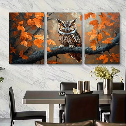 3pcs Autumn Orange Oak Trees Owl Metal Print Ready to Hang Art - Bella Home Decor