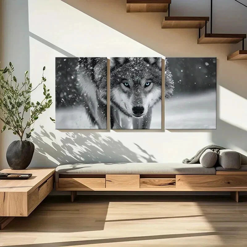3pcs Snowy Winter Scene with Blue Eyes Metal Print Ready to Hang Art - Bella Home Decor