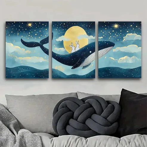 3pcs Rabbits Riding a Majestic Whale Perfect Wall Art Set Canvas Unframed - High Quality Print 100% Australian Made Wall Canvas