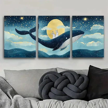 3pcs Rabbits Riding a Majestic Whale Perfect Wall Art Set Canvas Unframed - High Quality Print 100% Australian Made Wall Canvas