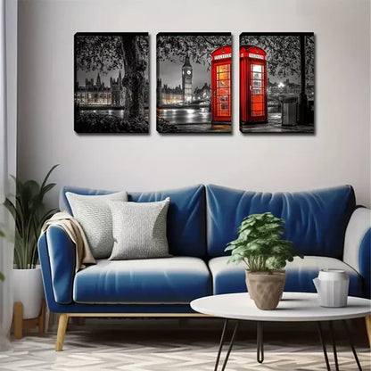 3pcs City Road Phone Booth At Night Wall Art Set Wall Art Canvas Unframed - High Quality Print 100% Australian Made Wall Canvas - Bella Home Decor