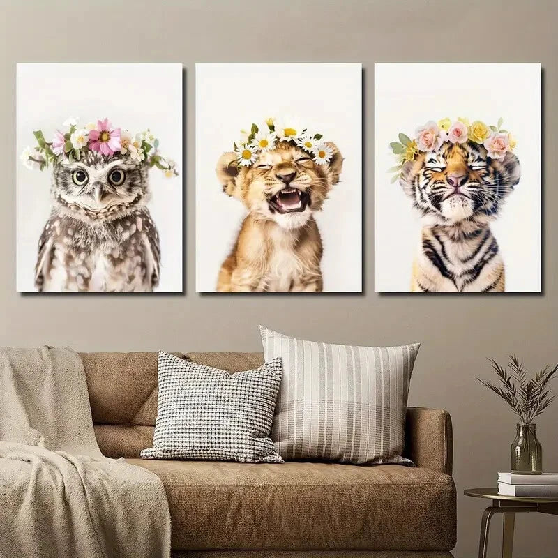 3pcs Adorable Animal Floral Crowns Perfect Wall Art Set Canvas Framed 40x60cm - High Quality Print 100% Australian Made Wall Canvas Ready to Hang - Bella Home Decor
