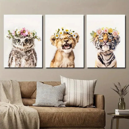 3pcs Adorable Animal Floral Crowns Perfect Wall Art Set Canvas Framed 40x60cm - High Quality Print 100% Australian Made Wall Canvas Ready to Hang - Bella Home Decor