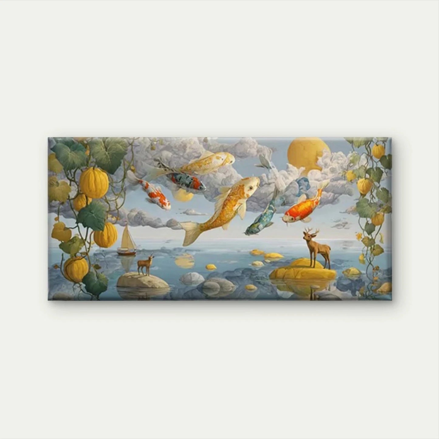 Golden Fish, Pumpkins & Deer Wall Art Canvas Office Home Room Framed 120x60cm