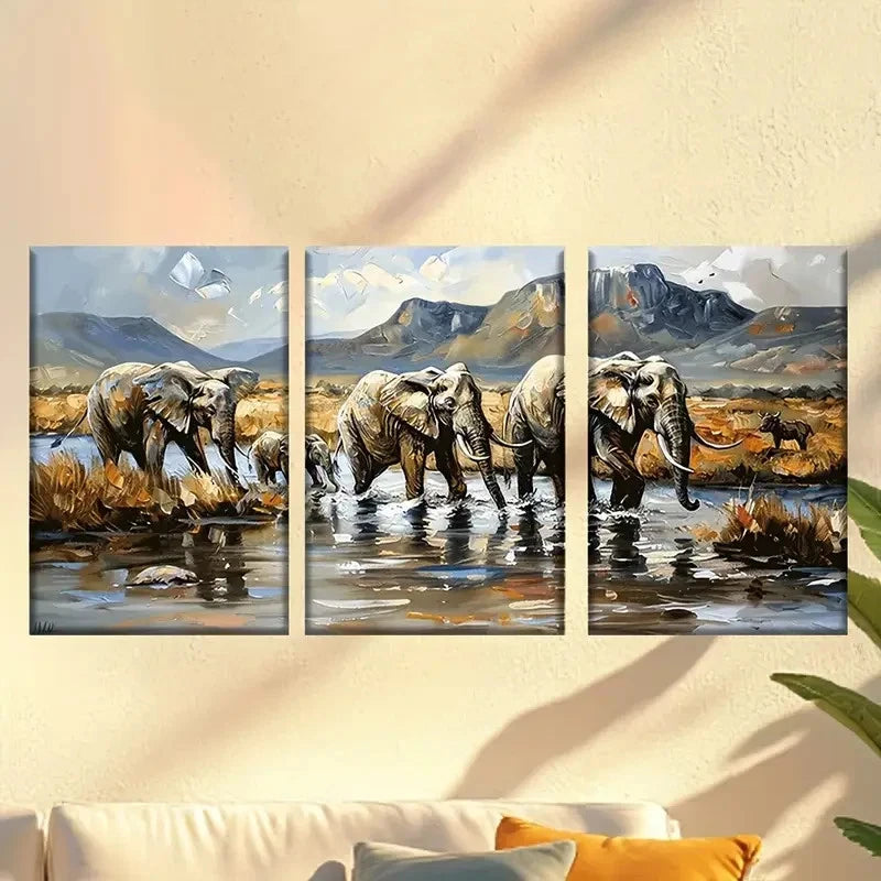 3pcs Majestic Elephants by the Lake Wall Art Set Canvas Framed 50x70cm - High Quality Print 100% Australian Made Wall Canvas Ready to Hang
