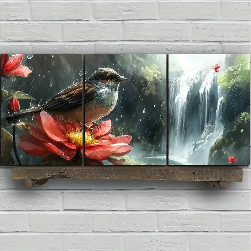 3pcs The Bird on the Petals Red Floral Metal Print Ready to Hang Art - Bella Home Decor