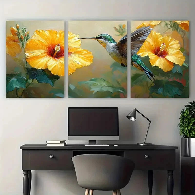 3pcs Vibrant Yellow Hibiscus Florals Hummingbird Metal Print Ready to Hang Art - Bella Home Decor