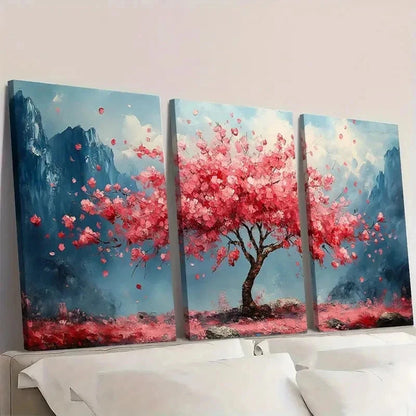 3pcs Pink Sakura Tree & Mountain Landscape K Wall Art Set Canvas Framed 60x90cm - High Quality Print 100% Australian Made Wall Canvas Ready to Hang