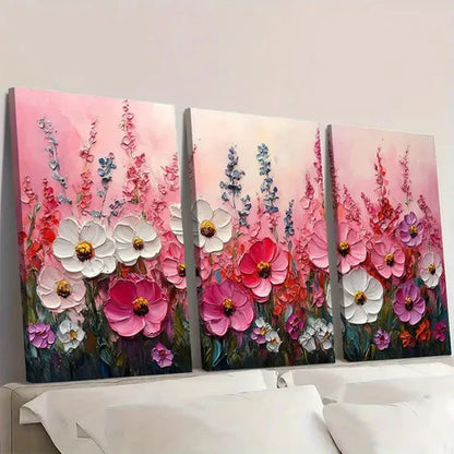 3pcs Pink Meadow Wildflowers with White HK  Wall Art Set Canvas Unframed - High Quality Print 100% Australian Made Wall Canvas - Bella Home Decor