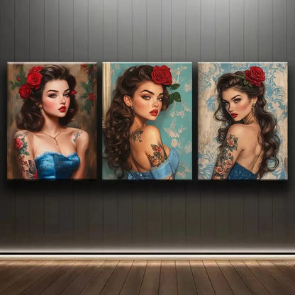 3pcs Vintage Brunette Girl with Tattoos Wall Art Set Canvas Framed 60x90cm - High Quality Print 100% Australian Made Wall Canvas Ready to Hang - Bella Home Decor