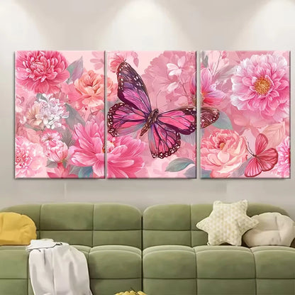 3pcs Butterfly Floral Print Pink Girly Metal Print Ready to Hang Art - Bella Home Decor
