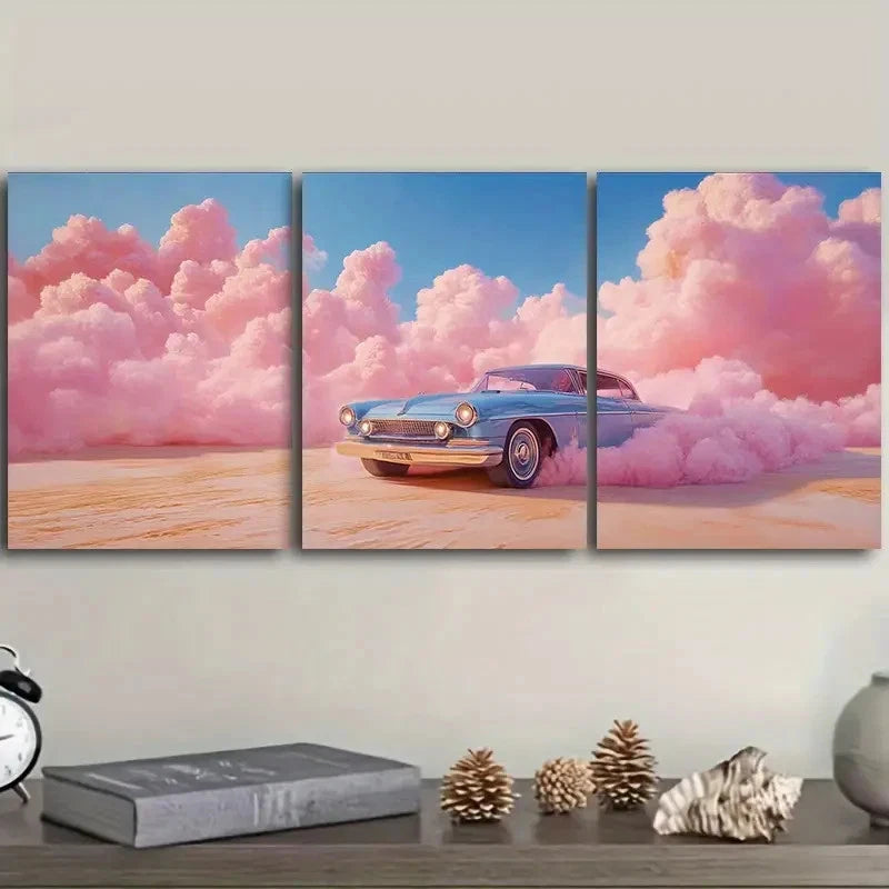 3pcs The car was driving in the pink desert Wall Art Set Canvas Framed 40x60cm - High Quality Print 100% Australian Made Wall Canvas Ready to Hang