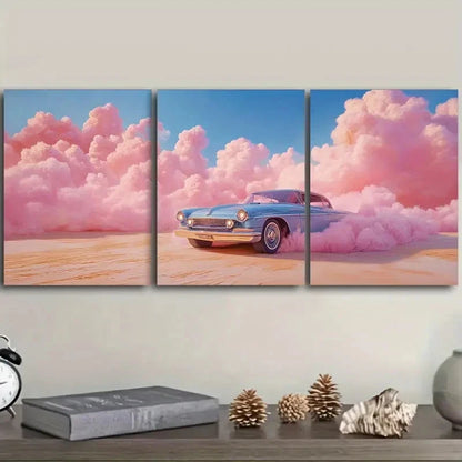 3pcs The car was driving in the pink desert Wall Art Set Canvas Framed 40x60cm - High Quality Print 100% Australian Made Wall Canvas Ready to Hang