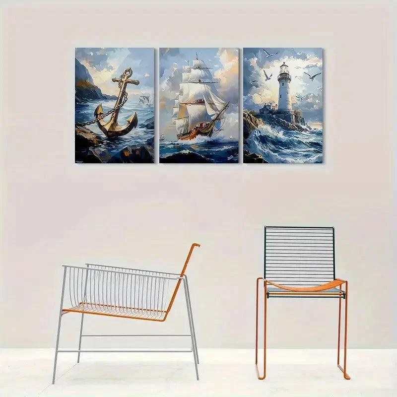 3pcs Lighthouse Ship Anchor Coastal Wall Art Set Canvas Framed 40x60cm - High Quality Print 100% Australian Made Wall Canvas Ready to Hang