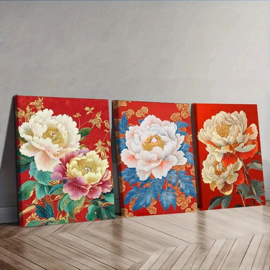 3pcs Peony flower painting Wall Art Set Canvas Framed 40x60cm - High Quality Print 100% Australian Made Wall Canvas Ready to Hang