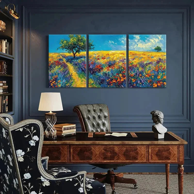 3pcs Colorful Flowers Tree Blue Sky & Clouds Metal Print Ready to Hang Art - Bella Home Decor