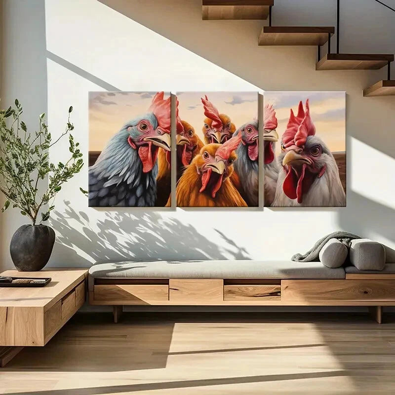3pcs Roosters Colorful Feathers Sunset Sky Metal Print Ready to Hang Art - Bella Home Decor