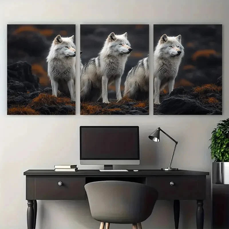 3pcs Arctic Wolves Wildlife Distant Photography Metal Print Ready to Hang Art - Bella Home Decor