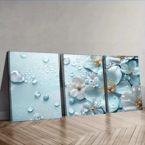 3pcs Featuring Turquoise Glass Flowers Wall Art Set Canvas Unframed - High Quality Print 100% Australian Made Wall Canvas
