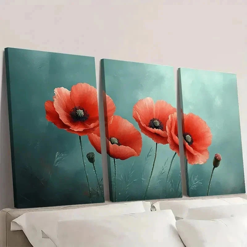 3pcs Poppy Flower Floral FU Wall Art Set Canvas Framed 50x70cm - High Quality Print 100% Australian Made Wall Canvas Ready to Hang